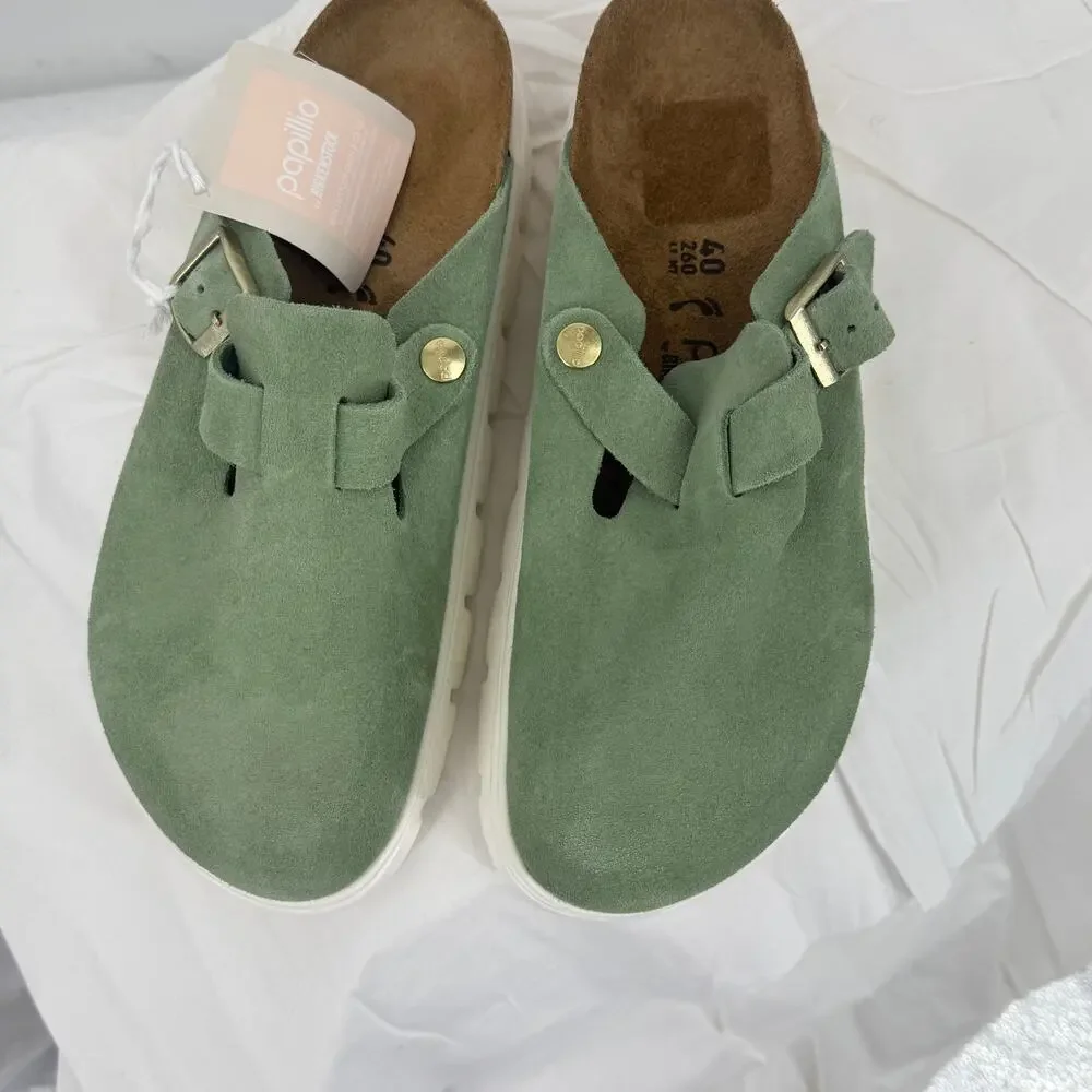 Birkenstock Boston Chunky Platform Clog Shoe  Green Tea Suede  40 9.5 NEW